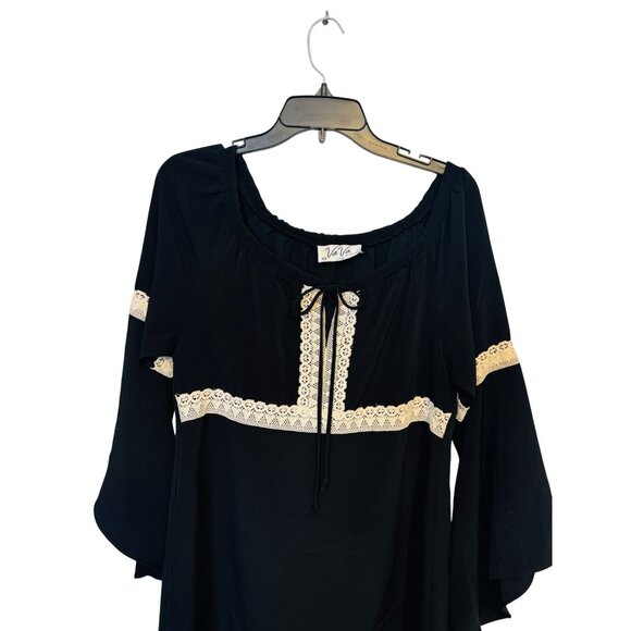 2/$30 VaVa Medium Boho Black & Ivory Tunic Mini Dress Lace Trim Bell Sleeves - Picture 4 of 16